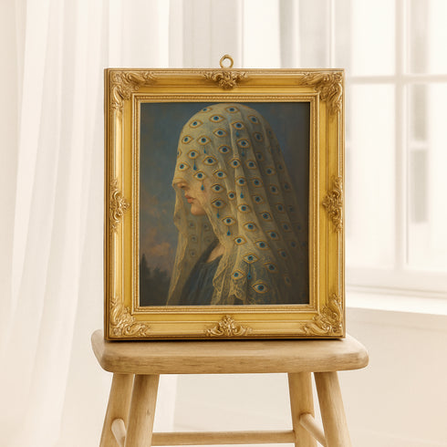 Fine art print of a woman in profile wearing a lace veil embroidered with multiple all-seeing eyes and blue teardrop details. The giclée reproduction features a romantic, gothic painting style with symbolic motifs, perfect for dark academia interiors, witchy decor, and spiritual spaces. Printed on soft textured archival paper in multiple sizes.